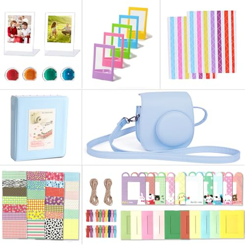 Riosin Kit Accessori per Fujifilm Instax Mini 12, Include Custodia Mini 12, Album, Filtri, Cornici da Parete e da Tavolo, Adesivi Decorativi per Bordi e Angoli (Blu Pastello)