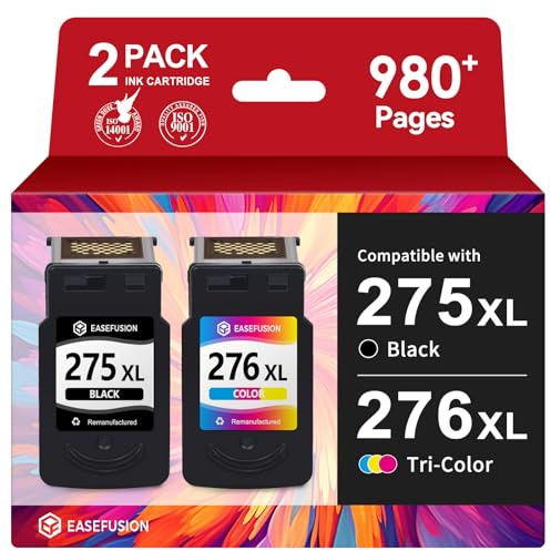 EaseFusion 275XL 276XL Replacement for Canon Ink 275 and 276 PG-275 CL-276 Black Color Ink Cartridges Combo Pack Compatible with PIXMA TS3522 TR4720 TR4700 TS3722 TS3500 TR4722 TS3720 TS3520 Printers