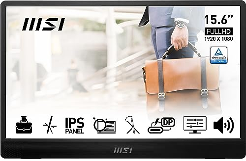 MSI PRO MP161DE E2 15,6 Zoll Full HD Portable Monitor - 1920 x 1080 IPS Panel, 60Hz, augenschonender Bildschirm (PC, Laptop, Mobil), Lautsprecher, Gehäuse und Kickstand - Mini-HDMI 2.0b, 2X USB Typ-C