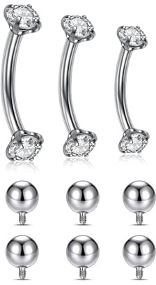 Zysta 16G Stainless Steel Cubic Zirconia Internally Thread Curved Barbell Eyebrow Vertical Labret Lip Bars Piercing Jewellery with Replacement Balls