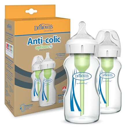 Dr. Brown’s Pack de 2 Biberones Anticólicos de Cristal Options+ 270 ml Boca Ancha – Sistema Patentado con Ventilación Interna - Con Tetina Nivel 1 de Flujo Lento +0 Meses – Silicona Médica y Sin BPA