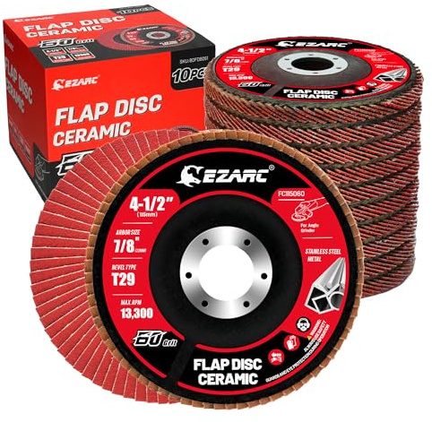 EZARC - Disco lamellare con grana 60, 115 mm, Tipo 29, Disco abrasivo in ceramica per acciaio inossidabile, metalli non ferrosi, ghisa e lamiere, confezione da 10