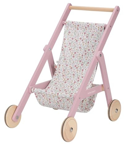 Little Dutch Holz Puppenbuggy Puppenwagen mit Ablagefach für Puppen von 33-46 cm Soft Flowers rosa