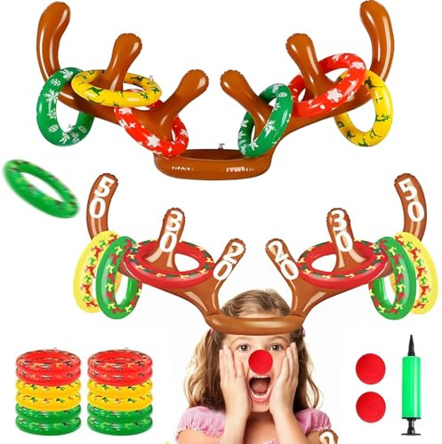 Weihnachten Aufblasbares Ringwurfspiel, 2 Stück Inflatable Rentier Haarreif Set, Rentiergeweih Wurfspiel Kinder Outdoor Indoor Weihnachtsspiel, Renties Weihnachten Spiele für Kinder & Familienparty