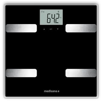 medisana BS A41 digitale Körperanalysewaage, Personenwaage mit praktischer App, Körperfettwaage, Messung von Körperfett, Körperwasser, Muskelmasse & Knochengewicht, Bis 180 kg, Schwarz / Silber