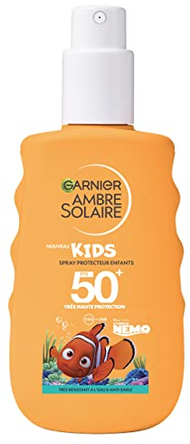 GARNIER Ambre Solaire - Spray Solaire Enfant Le Monde de Nemo Disney FPS 50+ - Hydrate & Protège des UVA, UVB & UVA Longs - Anti-Sable - À Base D'Aloe Vera - Peaux Sensibles - 150 ml