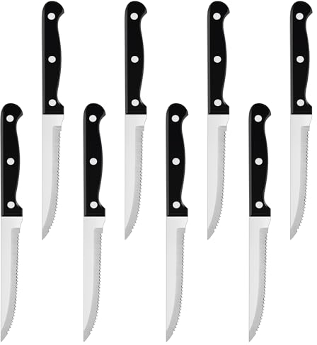 Joyfair Steak Knives Set of 8, Stainless Steel Steak Knives with Serrated Edge, Utility Table Dinner Cutting Set Ideal for Slicing Bread Meat Cake Vegetable, Dishwasher Safe & Comfortable Handle, 22cm