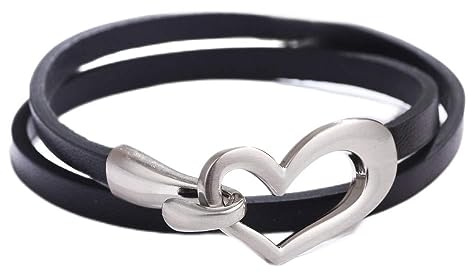 tenghong2021 Heart Leather Bracelet for Women Wrap Stackable Bracelet Love Punk Cuff Handmade Jewelry Valentine's Day Gift -Black