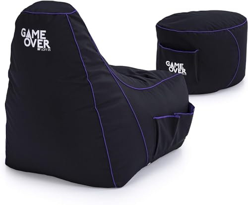 Game Over Video Gaming Sitzsack Spielen Stuhl und Fußhocker | Drinnen Draußen Wasserbeständig Bean Bag | Seitentaschen für Controller | Headset Halter | Ergonomisches Design (Drachenhaut)