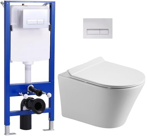 Set completo per WC sospeso, con cassetta di risciacquo a incasso, piastra di comando per WC, senza odori, con sistema di abbassamento automatico Soft-Close, coperchio UF, con rivestimento Nano