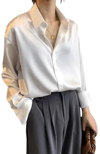 Camisa de Seda Satinada Abotonada a la Moda de Primavera, Blusa Vintage para Mujer, Tops Blancos, Camisas de Calle holgadas de Manga Larga para Mujer