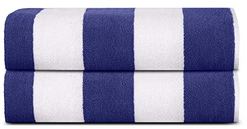 Sweet Needle Serviettes de Plage pour Adultes Lot de 2 - Bleu Royal-Blanc Cabana Rayé Classique - Serviette de Piscine 100% Coton Terry Ringspun, Séchage Rapide, Super Absorbante, 450 GSM, 100x150 cm