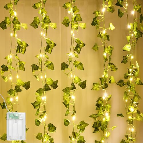 AUAUY 10M 100LED Guirnaldas Luces Exterior, Funciona con Pilas Cadena de Hiedra Luces Decoracion Jardin, Enredaderas Artificiales Decorativas con Luces, Girnalda de Luces Exteriores-Ininterior