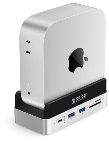 ORICO MiniDock dockningsstation och stativ för Mac mini M4/M4 Pro med 1 TB NVMe SSD-minne fast installerad, USB-C-hub med 4K HDMI, DisplayPort, SD/TF 3.0-kortläsare, USB-C/A 10 Gbit/s, 100 W PD
