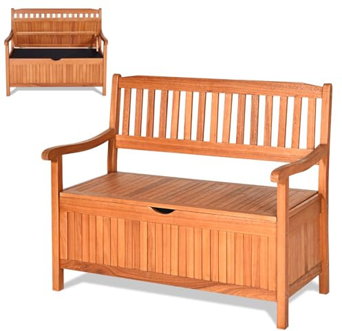 SFAREST 107cm/120cm Garden Storage Bench, 2 Person Patio Bench with 125L/155L Box, Outdoor Wooden Storage Loveseat for Balcony Park Poolside (107 x 59 x 90 cm)