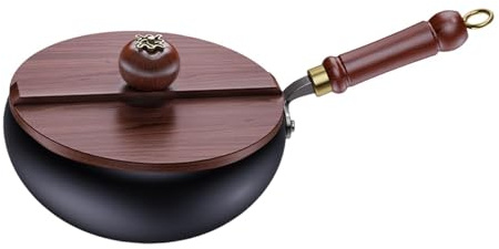 GUHPZA Wok De Hierro, Sartén para Saltear, Fondo Plano, Sin Revestimiento, Tradicional, Pequeño, Fácil De Limpiar, Multiusos, Antiadherente, 9,45 Pulgadas, con Tapa