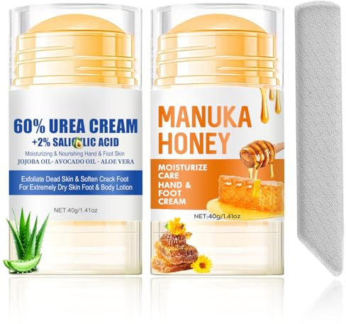 Urea Foot Cream and Manuka Honey Moisturising Stick with Foot File Strip, Urea Cream 60 Percent for Feet, Foot Cream for Cracked Heels and Dry Skin, Fast-Absorbing Foot Moisturiser