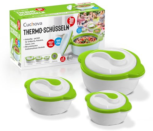 TELE WELT Thermoschüssel mit Deckel [3er SET] mit dem Wärmebehälter Grillgut warmhalten bis zu 4 Stunden - Thermoschüssel set - Drei Thermoschüsseln (Grün)