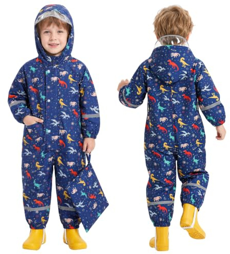 Baogaier Regndräkt för barn, vattentät, tryckt overall med huva, lätt utomhus, regnoverall, onepiece för pojkar, flickor, reflektorer och bärväska 1–9 år