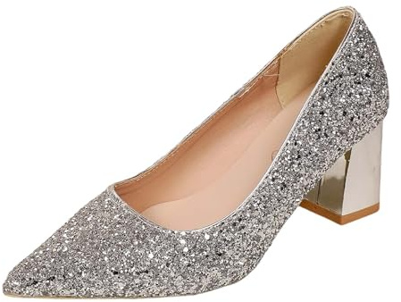 Escarpins Compensés à Paillettes Scintillantes pour Femme Chaussures Talons Confortables Soirée Robe Élégante Idéale (Silver, 38)
