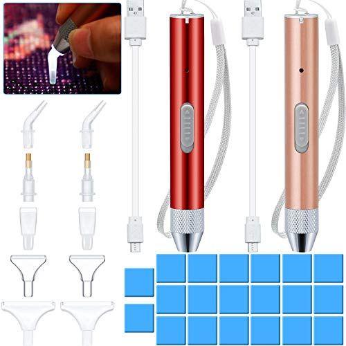 2 Stücke Diamond Painting Zubehör Stift LED Licht Punkt Bohrstift mit 10 Stücke Stiftköpfen, 40 Stücke Malerei Kleber Ton 5D Diamant Malerei Werkzeugzubehör für Nagel Kunst DIY Malerei Basteln (Rot)
