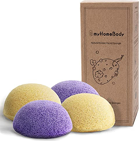 Eponges visage Konjac naturelles pour un nettoyage doux du visage (2 jaune curcuma, 2 lavande violette)