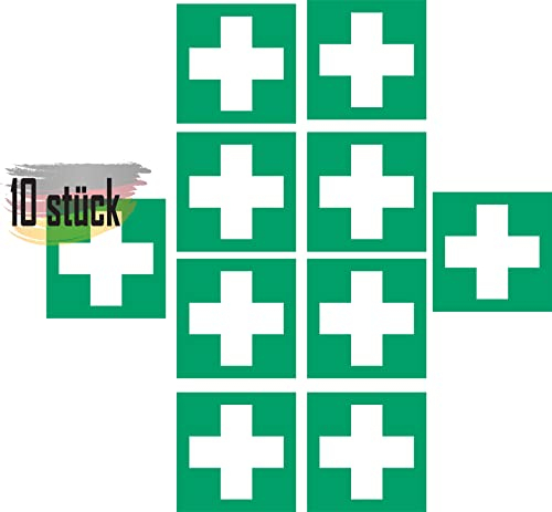 Erste Hilfe Aufkleber 10 stück 5x5 cm DIN 7010 UV Premium Aufkleber für Erste Hilfe Set, Verbandskasten, Rettungsweg, Fluchtweg, Notausgang, Sicherheitsmarkierung