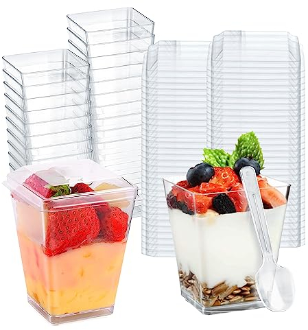 REFORUNG 50 pièces Tasses à Dessert avec Couvercle et Cuillères 160ML Coupes Gobelets Verrine Plastique Aperitif Bols Réutilisables pour Mousse crème au Chocolat Pudding