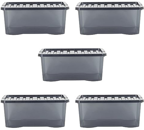 Wham Crystal 5 x 45L Stackable Plastic Storage Boxes with Lids | Ideal for Home, Office, Toys & More | Large Boxes | Made in UK - Smoke