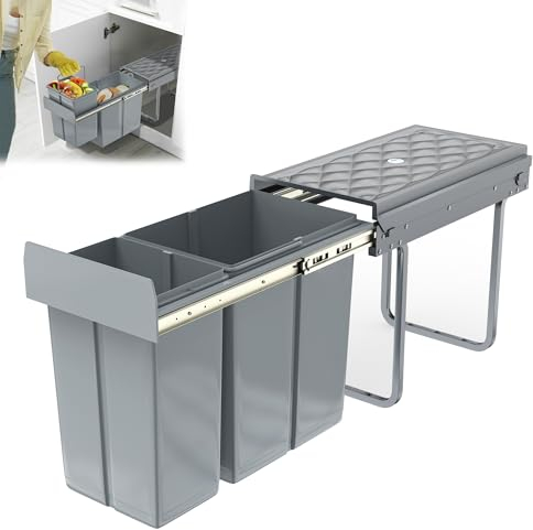 YRHome Système de tri sélectif encastrable avec 2 collecteurs de déchets amovibles - Avec rails télescopiques - Pour cuisine - Gris - 48 x 26 x 42 cm - 1 x 20 l + 1 x 10 l