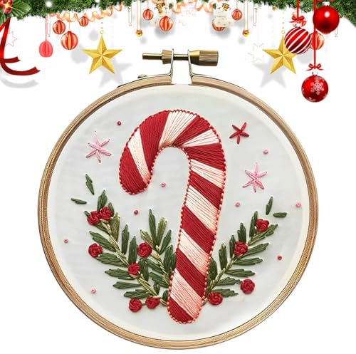 Generisch Weihnachten Stickerei Set Erwachsene Anfänger,Weihnachtenmuster Kreuzstich Kit Starter Tools Kit mit Stickrahmen,Farbfäden und Werkzeuge,für DIY Kunst,Handwerk,Sticken-Zuckerstange