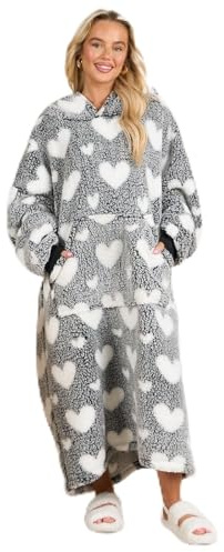 OHS Teddy Marl Fleece Hoodie Blanket, Extra Long Hearts Print Thermal Throw Hoodie - Charcoal, Blush, Black