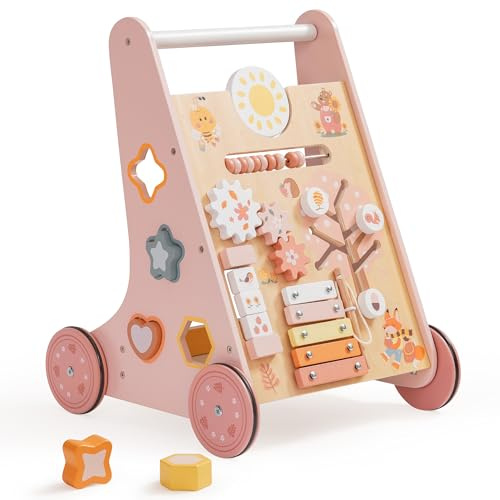 ROBUD gåstol trä, baby gåstol, baby walker, kognitiv utveckling, rosa | Att gå för de första stegen, främjar kognitiv utveckling och underarmsmuskler