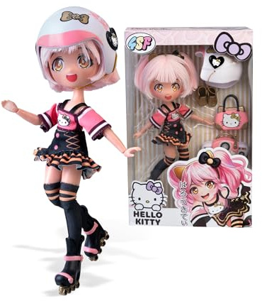4SF - Hello Kitty Golden Diva Roller, Muñeca Fashion Japonesa Patinadora, Figura de 19,5 cm con 15 Puntos de Articulación, Incluye Casco, Bolso, Equipo de Música y Botines, Famosa (HKTF1000)