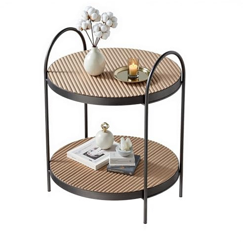 Yumyolk Beistelltisch, Couchtisch rund, 40 x 40 x 45.5cm kleinSofatisch, Holz Tischplatte Wohnzimmer, Schlafzimmer, Metallrahmen, Industrie-Design, Natur+schwarz