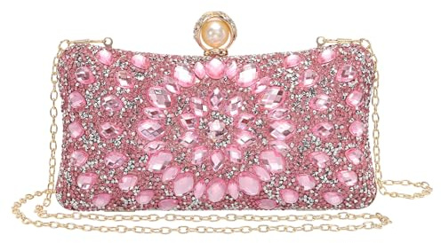 QUARKZMAN Bolsos De Noche Para Mujer, Bolso De Mano Con Cristales Brillantes Y Cadena Ajustable Para Boda Fiesta Noche Fin De Semana, Rosa