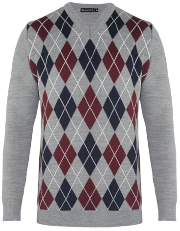 New Men Knitted Long Sleeve Classic V-Neck Argyle Pattern Jumper Top Sweater with Ribbed Edge S-XXL
