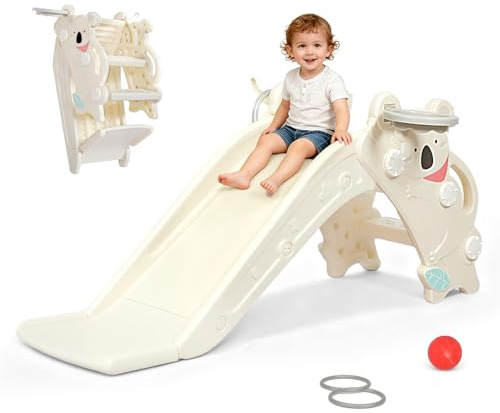 House Toy Children's Bear Slide, Playset Garden Slide for Indoor or Outdoor Use, White and Grey, Kids Slide with Basketball Hoop,Ring Toss & Climbing Wall,Foldable Toddler Slide Indoor & Outdoor