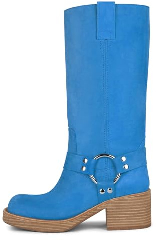 Yishaweiqi Women's Studds Biker Boots Chunky Heel Square Toe Knee High Boots Side Zipper Western Boots Fall Dress Riding Boots Motorcycle Boots