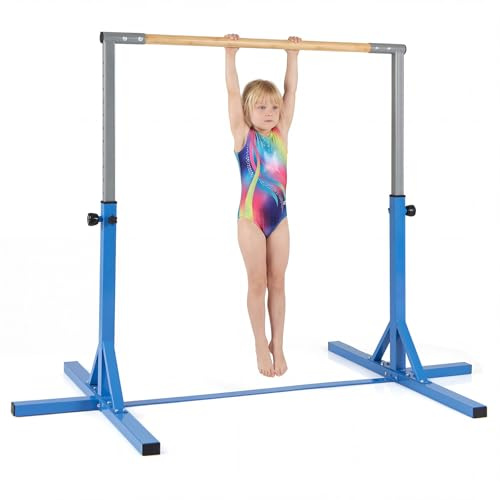 GYMAX Barra de Gimnasia para Niños 3+ Años, Barra de Entrenamiento con Altura Ajustable de 85-145 cm, Marco de Metal y Bambú, Base Antideslizante, Montaje Fácil, Capacidad de 65 kg (Azul)