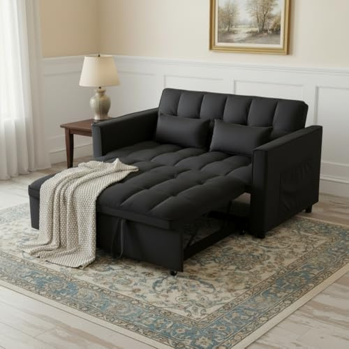 YitZanefrin 54'' 3 in 1 Convertible Sleeper Sofa Bed, Futon Couches Bed for Living Room with Side Pocket | Adjustable Backrest | Velvet Fabric | Pull Out Couch | Love Seat Sofa Black