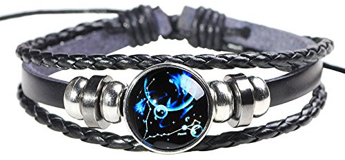 Leather Cuff Bracelet - Constellation Punk Adjustable Pisces Beaded Bangle Wristband Multilayer Braided Rope Bracelet - Leather Wristbands Chain - 8Inch & 11Inch - For Men & Women