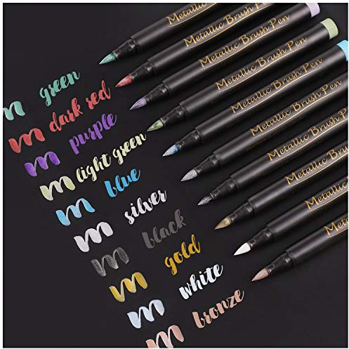 Dyvicl Metallic Brush Marker Pens - Metallic Pens Art Markers for Calligraphy, Brush Lettering, Black Paper, Rock Painting, Card Making, Scrapbooking, Fabric, Metal, Ceramic, Wine Glass, Set of 10