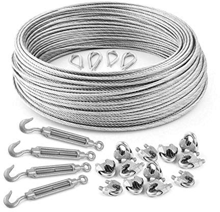 DQ-PP stållina SET | 3 mm 6 x 7 medium mjuk | Förzinkad av stål | Byte 3 mm | Spänningslås kroköglor M5 | linsklämma bygel 3 mm | ledtråd för rankhjälp rep stål tråd skogsrep vindrep spännlina 50m Set 6