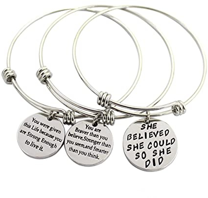 3 Pack Women Engraved Message Inspirational Words Round Charm Bracelets Set Expandable Silver Plated Stainless Steel Motivational Bangle Bracelet 3 Pic Set