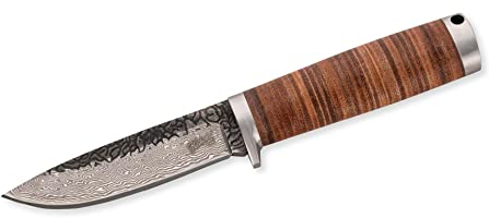 Herbertz Gürtelmesser, Damast, AISI 420 Stahl, rostfrei Griff mit Lederscheiben, Fangriemenöse, braune Lederscheide, robustes Outdoor-Messer & Jagdmesser, Survivalmesser mit feststehender Klinge