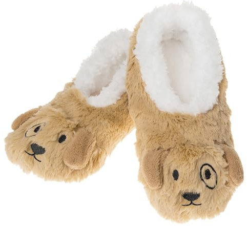 Snoozies! Sherpa Fleece Womens Slippers With Non Slip Sole - Furry Foot Pals Animal Designs - Black Cat, Dog, Mouse or Pink Pig (Dog, Medium)