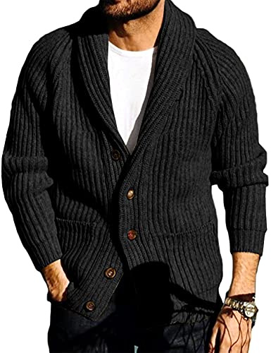 Runcati Mens Cardigan Knitted Chunky Jacket Shawl Collar Cable Knit Loose V Neck Knitwear Outerwear