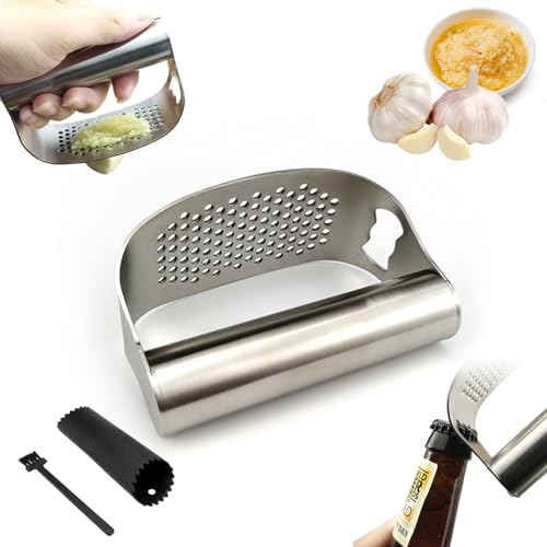 LURNODY Spremiaglio in Acciaio Inox, Spremiaglio Curvo Aglio a Dondolo Spremi, Viene Fornito con Spazzola per La Pulizia E Pela-Aglio In Silicone, Gadget da Cucina (con Apribottiglie)