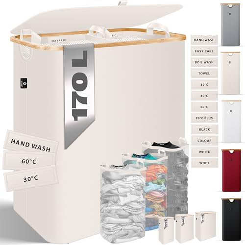 KESSER® Contenedor Ropa Sucia, Cesto para la colada con tapa, 2 compartimentos, plegable, 170 litros, cesta para la colada, con 3 bolsas extraíbles, incluye instrucciones de lavado, color beige